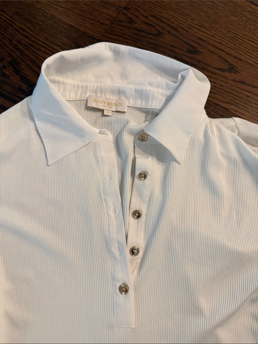 Ramy Brook White Long-Sleeve Collared Polo with Pleated Balloon Sleeves - Picture 2 of 4
